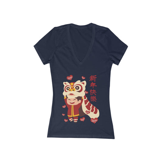 Women's Happy Chinese New Year Dragon Dance T-Shirt Deep V-Neck Tee